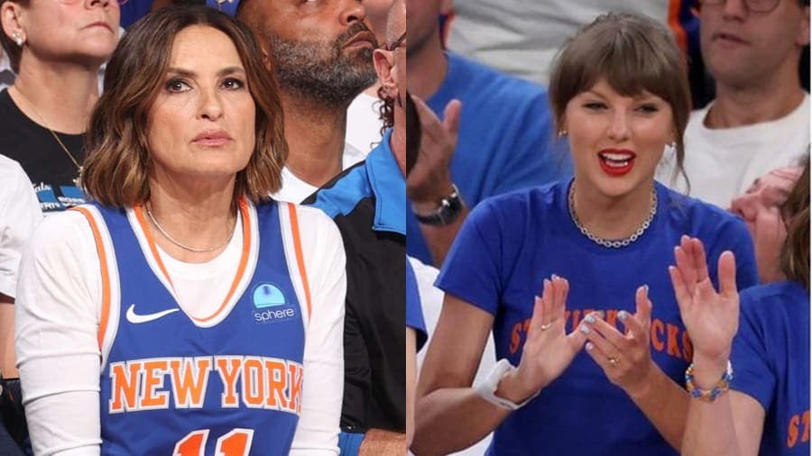 Taylor Swift and Mariska Hargitay celebrating together courtside at Madison Square Garden during the NBA Finals