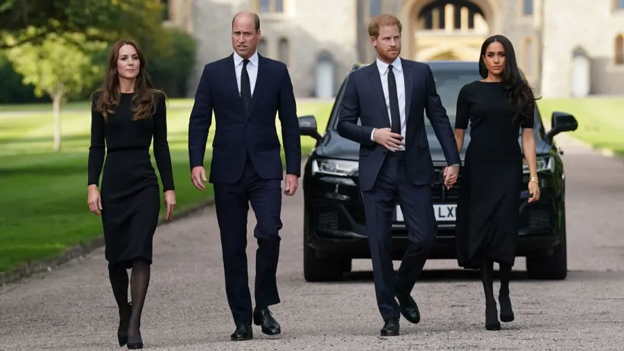 A woman in formal attire standing beside a man in a suit, both smiling and greeting members of the public at an outdoor royal engagement